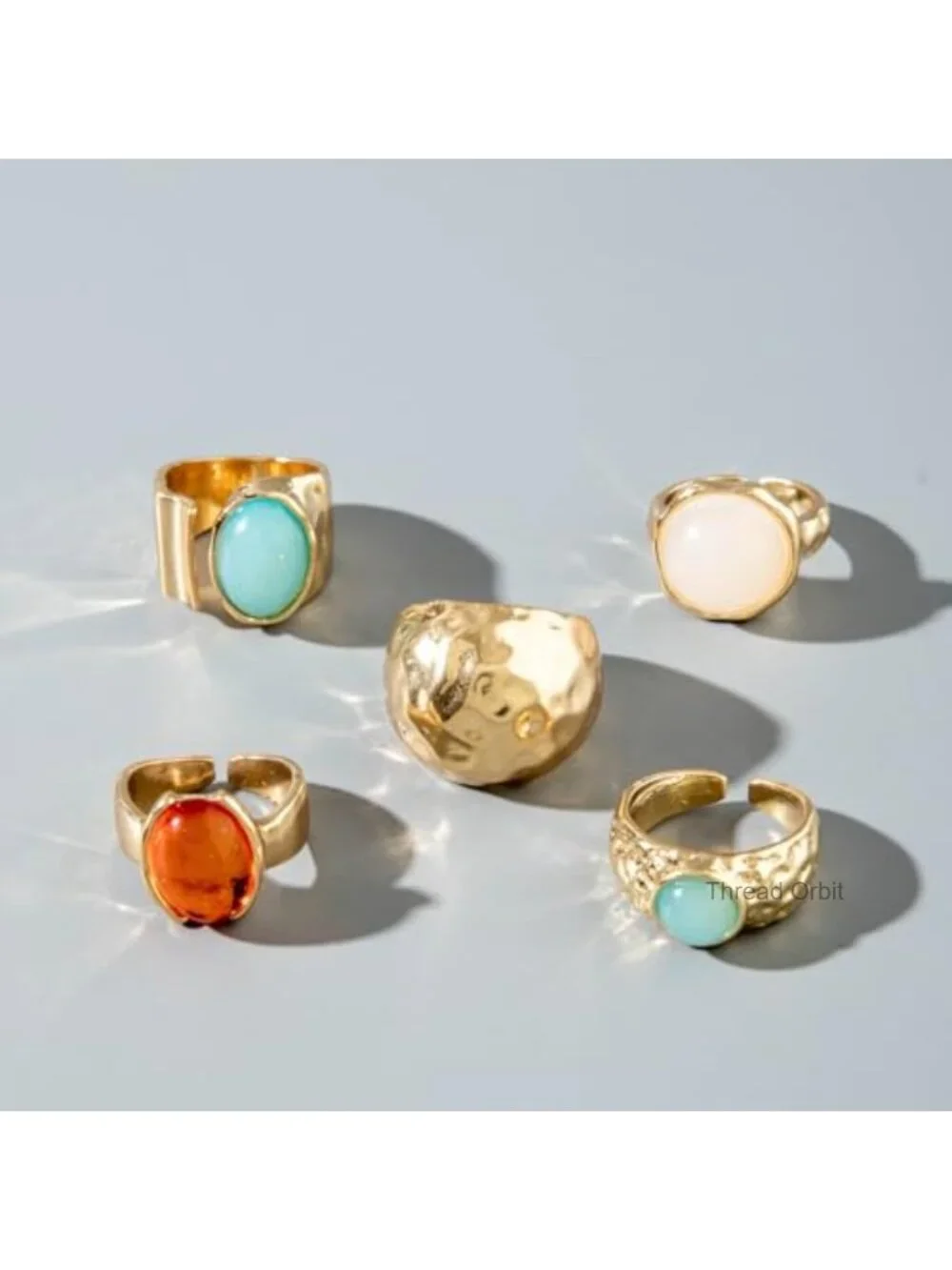 Chunky Gold Gemstone Ring Set Adjustable Stackable Statement Rings Geometric